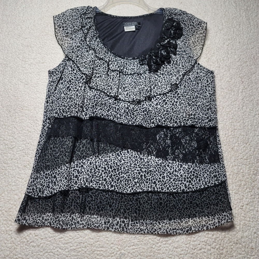 City Girl Nancy Bolen Leopard Print Ruffle Lace Sleeveless Blouse Black White L